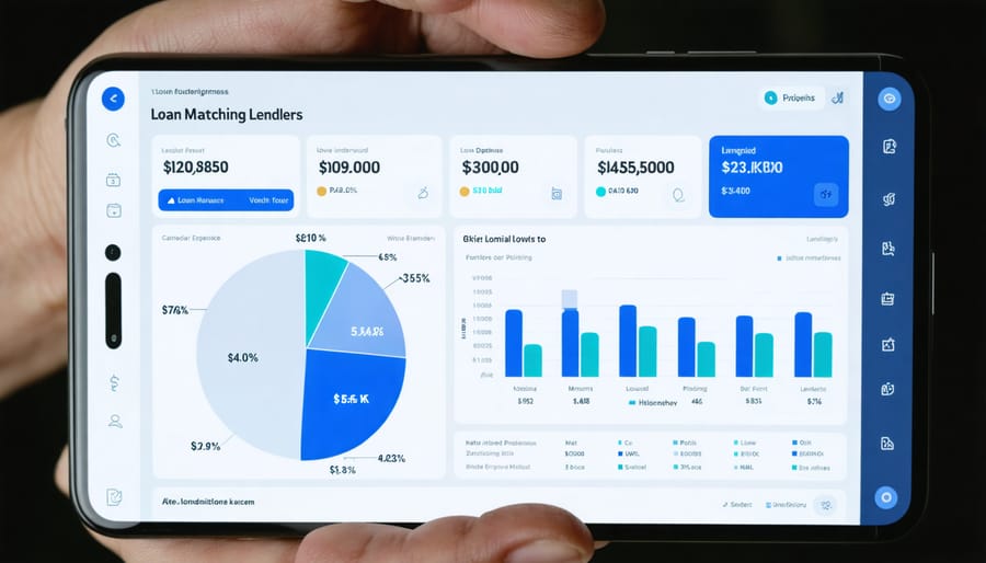 Overhead view of hands using smartphone and laptop for financial decisions on minimalist desk