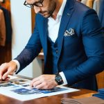Man in a tailored navy suit reviewing fabric swatches at a boutique table while checking financing on a smartphone, with blurred suit racks and leather shoes in the warm-lit background.