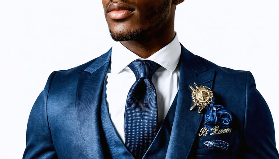 Man examining the fabric quality of a tailored suit jacket in upscale clothing boutique