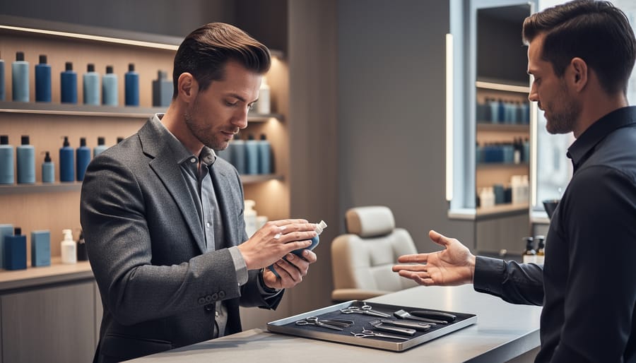 Man sampling face moisturizer at a consultation bar while a store specialist offers grooming tools on a tray, with softly lit shelves of unlabeled products and a barber chair blurred in the background