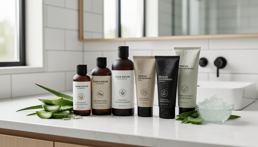 Collection of premium men's skincare products including serums and moisturizers arranged aesthetically