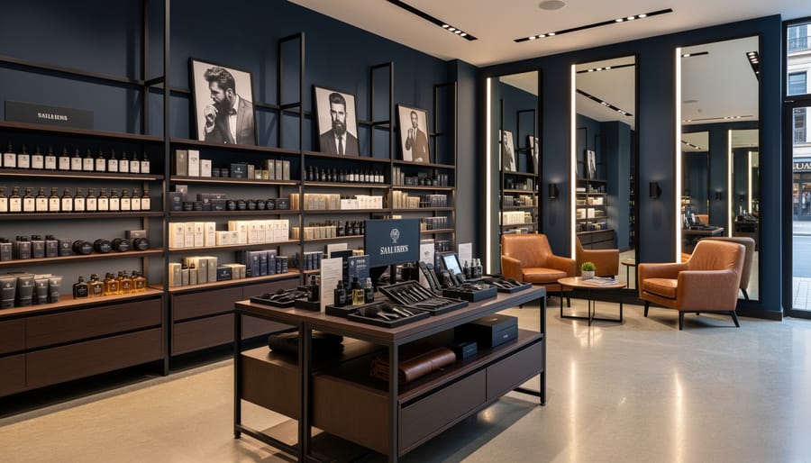 Interior of contemporary male grooming store with organized product displays and natural lighting