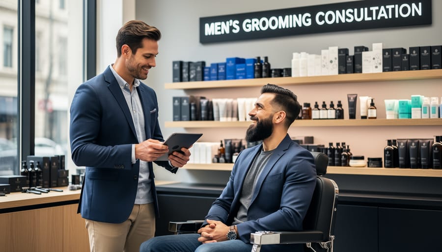 Grooming specialist providing personalized consultation to male customer in retail store