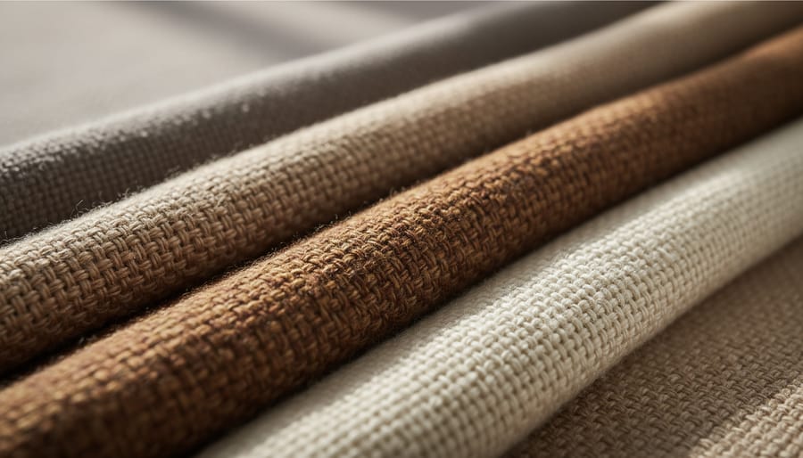 Close-up of breathable summer fabrics hanging on a wooden rack in an atelier