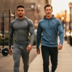 Two men wearing hybrid workout-and-street apparel walk from an outdoor gym toward a city sidewalk during golden hour.