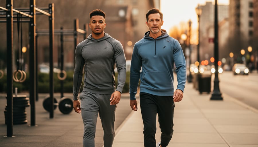 Two men wearing hybrid workout-and-street apparel walk from an outdoor gym toward a city sidewalk during golden hour.