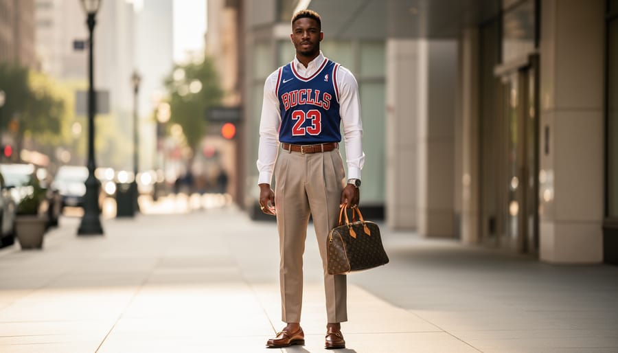 Sports jersey styled with a blazer and loafers on a neutral sofa