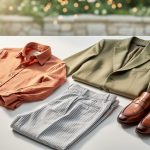 Sunlit flat-lay of a men’s linen-cotton shirt, tropical wool blazer, and seersucker trousers showing breathable fabric textures in warm summer earth tones.