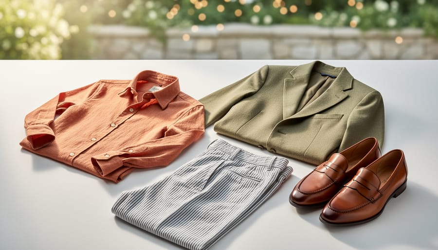 Sunlit flat-lay of a men’s linen-cotton shirt, tropical wool blazer, and seersucker trousers showing breathable fabric textures in warm summer earth tones.