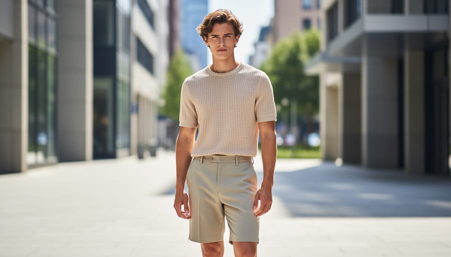 Man in a tailored off-white summer outfit standing in a sunlit urban courtyard