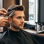 A man seated in a barber chair with a cape while a barber’s hands comb and trim his hair in a modern barbershop.