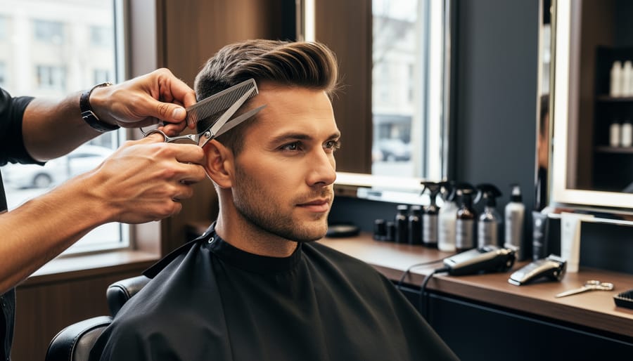 A man seated in a barber chair with a cape while a barber’s hands comb and trim his hair in a modern barbershop.