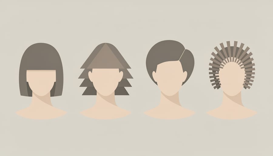 Four mannequin heads on a styling table showing different natural men’s haircut silhouettes