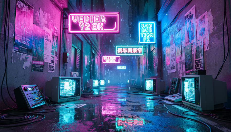 Man in a Y2K-inspired street outfit wearing a graphic tee and cargo pants under neon night lighting