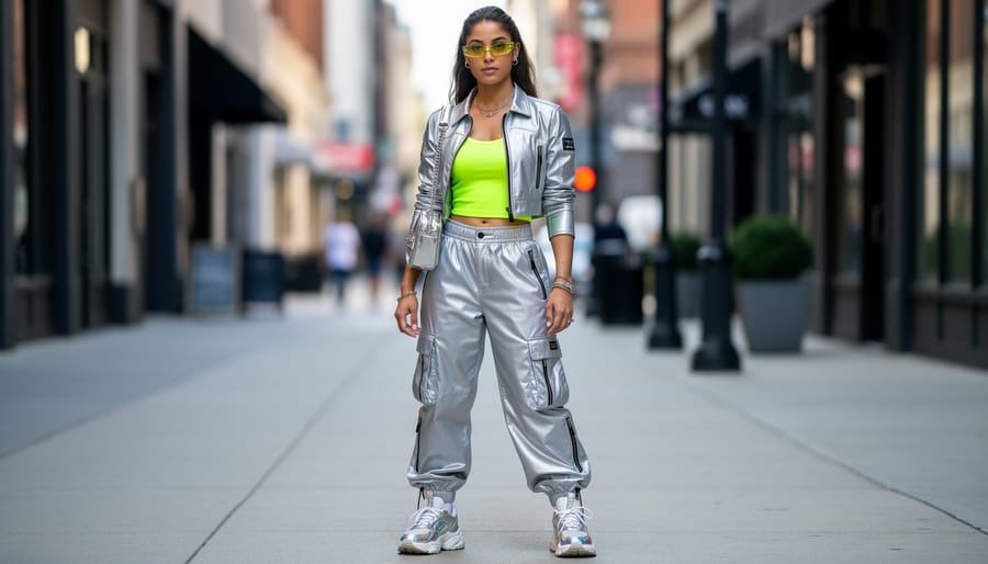 Man modeling a Y2K-inspired outfit with a chrome bomber, mesh jersey, baggy jeans, and chunky sneakers on a city sidewalk
