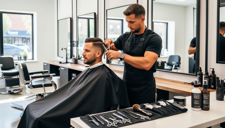 Man seated in a barber chair wearing a cape in a modern barbershop, with grooming tools visible in the background