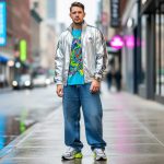 A man wearing a metallic silver track jacket, oversized baggy jeans, and chunky sneakers in a city street setting with soft background blur.