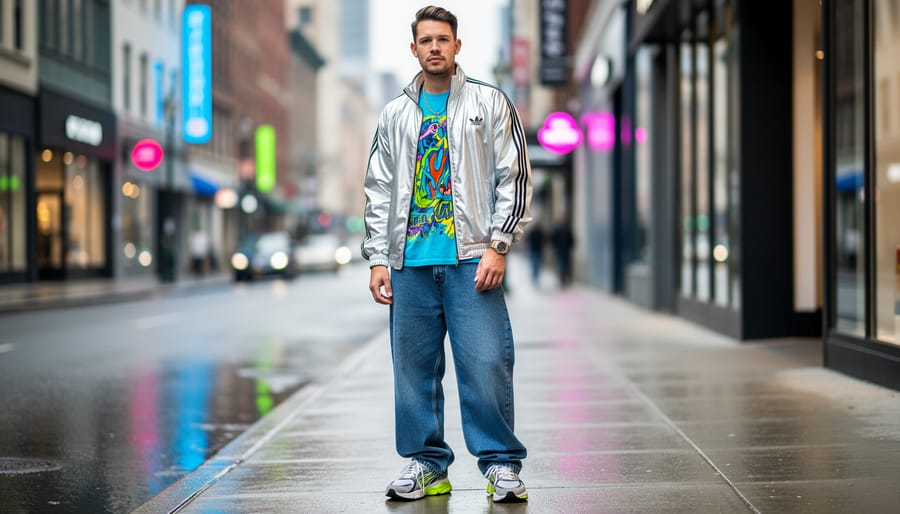 A man wearing a metallic silver track jacket, oversized baggy jeans, and chunky sneakers in a city street setting with soft background blur.