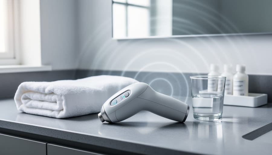 “At-home shockwave therapy device on a bathroom counter with clean, minimal accessories suggesting safe and discreet ED treatment.”