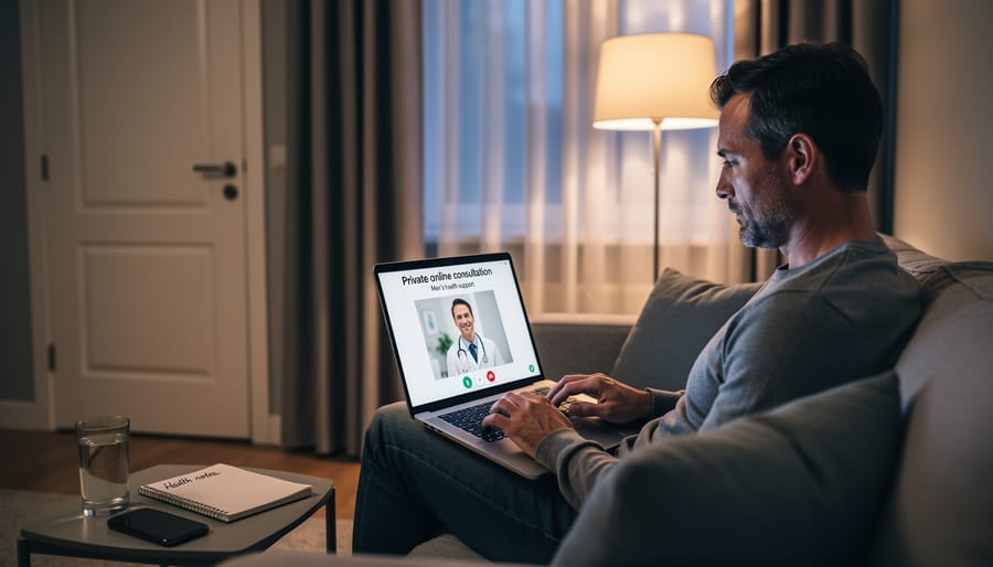 Canadian man at home using a smartphone and laptop for a private online healthcare consultation