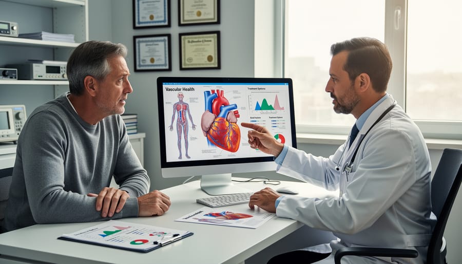 Stethoscope and blood pressure cuff on a clinician’s exam tray in a medical office