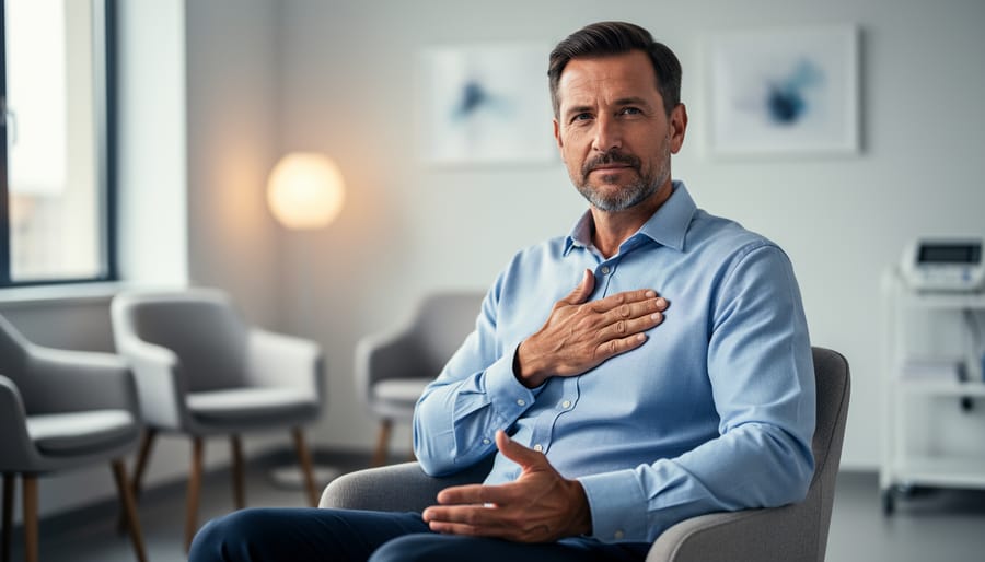 “A mature man seated in a modern clinic consultation room, conveying personalized erectile dysfunction evaluation and treatment options.”