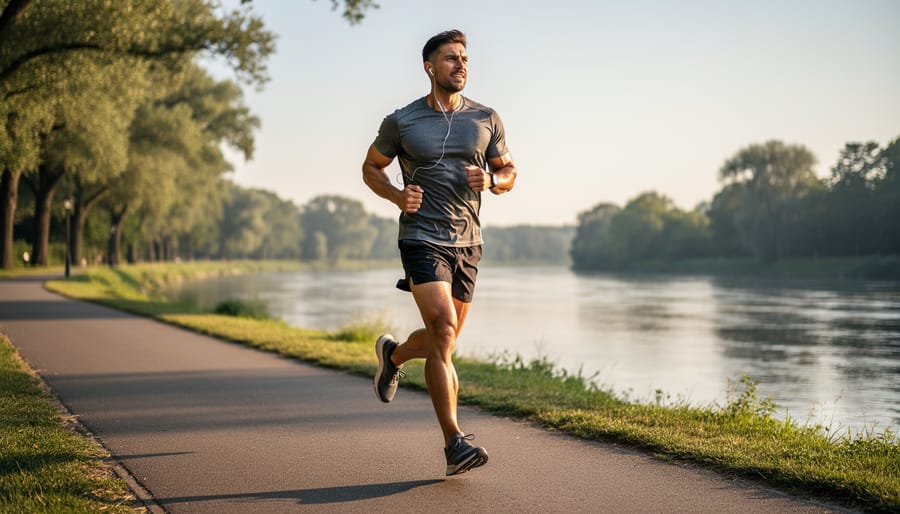 Middle-aged man jogging on a park path in daylight