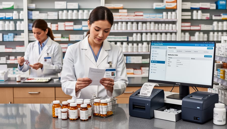 Pharmacist carefully packaging a medication shipment in a clean pharmacy setting