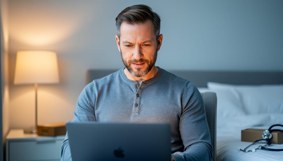 A man using a laptop at home in private, representing online erectile dysfunction care through a Canadian digital clinic.
