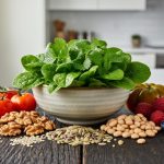 A plant-based spread of vegetables, herbs, legumes, nuts, and berries arranged on a wooden table to represent foods beneficial for prostate health.