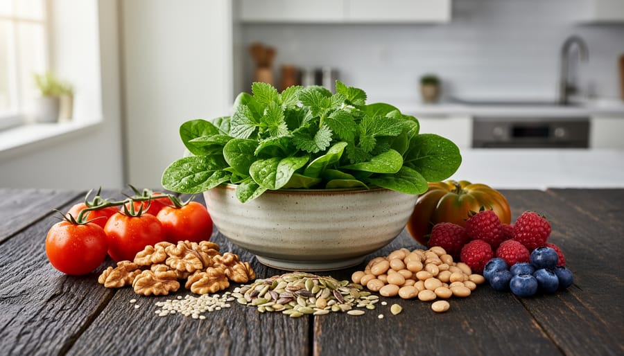 A plant-based spread of vegetables, herbs, legumes, nuts, and berries arranged on a wooden table to represent foods beneficial for prostate health.
