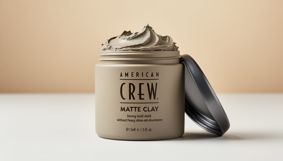 American Crew Matte Clay being smoothed into matte hair texture on a grooming mannequin