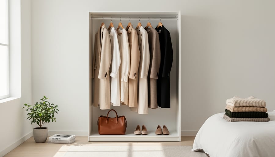 Curated set of neatly arranged men’s clothing and accessories on a wooden bench