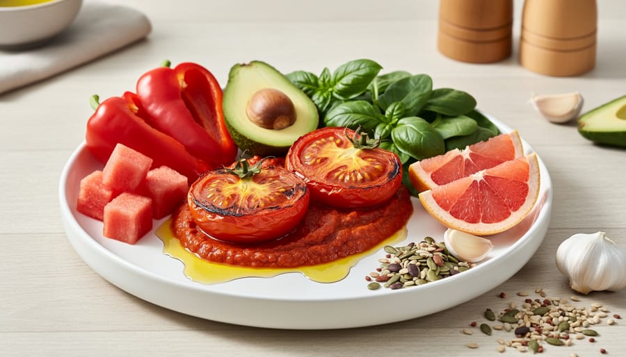 Close-up of cooked tomato slices and tomato sauce with visible texture.