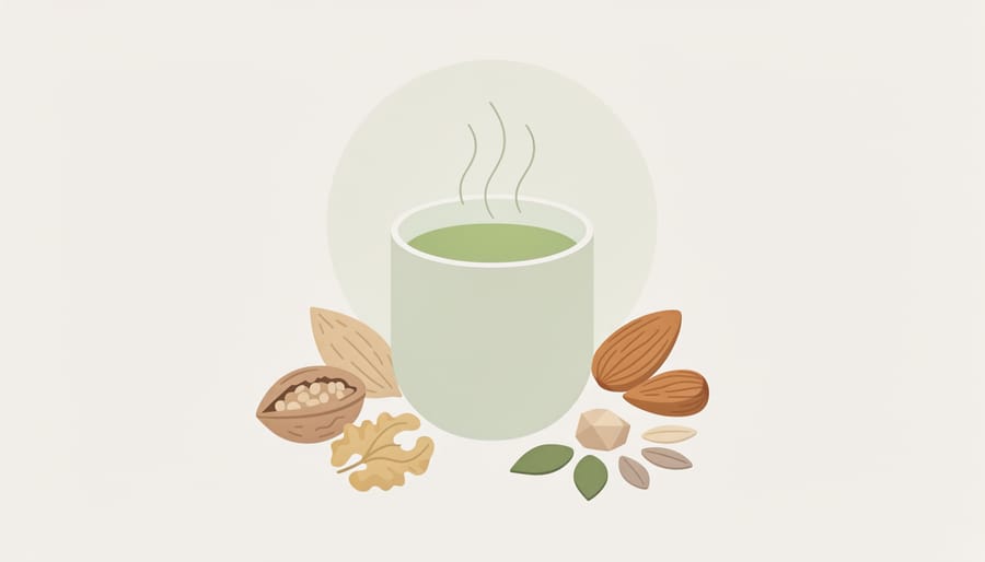 Close view of a cup of green tea next to nuts and seeds on a tabletop.