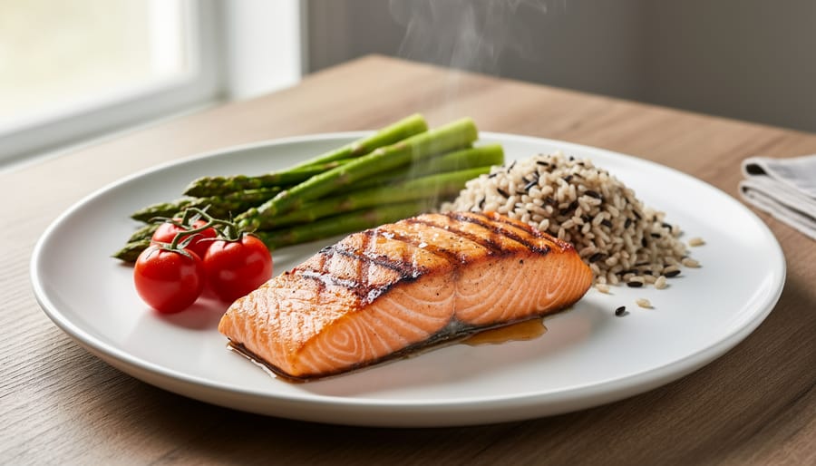 Person grilling salmon fillets with asparagus in the background at golden hour.