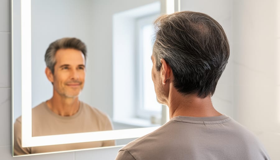 Man with thinning hair checking his style in the mirror