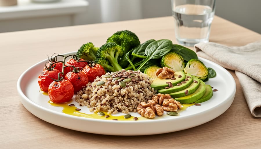 Colorful Mediterranean-style meal with broccoli, tomatoes, chickpeas, and olive oil on a wooden table.