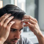 Close-up of a man’s hands applying a matte hair styling product to short hair at the roots in a bathroom mirror setting.