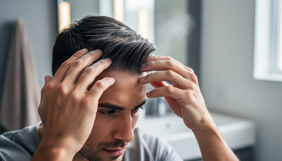 Close-up of a man’s hands applying a matte hair styling product to short hair at the roots in a bathroom mirror setting.