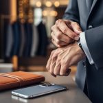 Close medium shot of a modern man adjusting his tailored blazer cuff with a leather journal and phone nearby, symbolizing discipline and responsible decision-making.