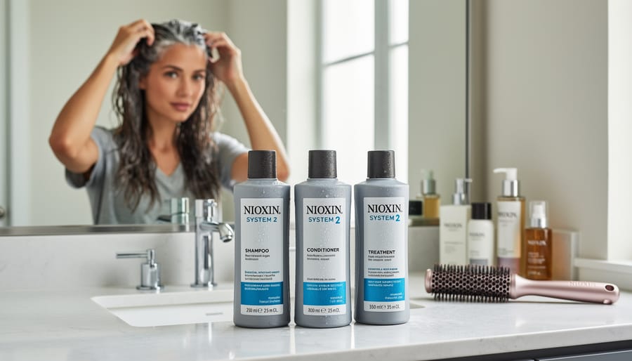 Nioxin Kit System 2 products on a counter next to a clean-looking mannequin head for foundation cleansing