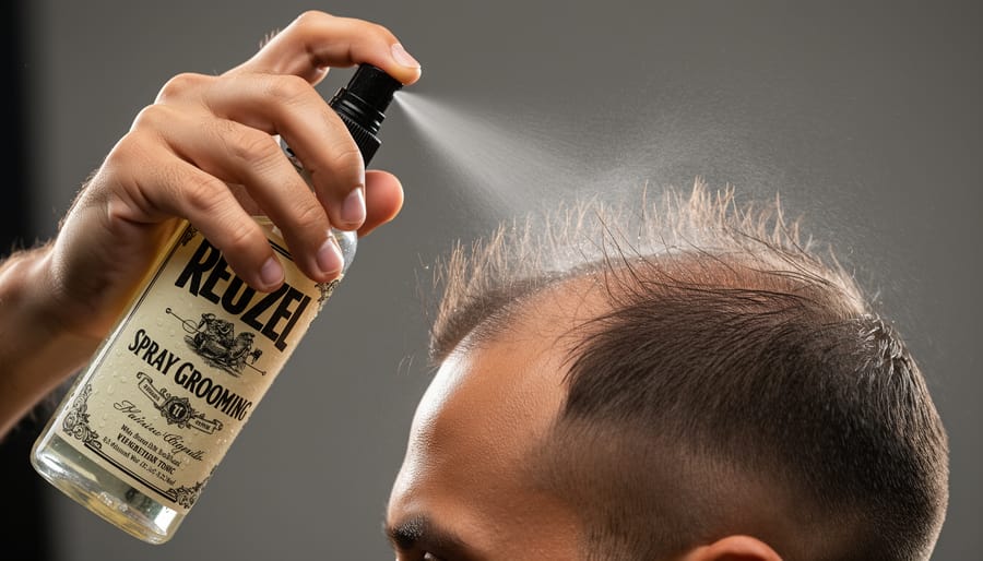 REUZEL Spray Grooming Tonic misting onto damp hair strands on a grooming mannequin head